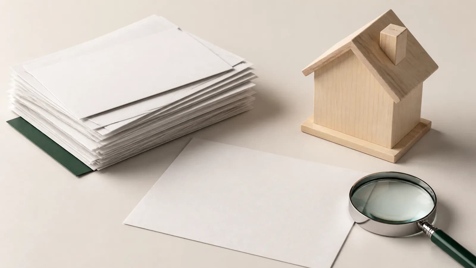 Stos papierowych faktur i cenników obok drewnianej makiety domu i lupy na jasnym blacie
